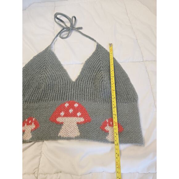 Halter Crop Top Knit XL Black Red Stretch Backless Mushroom Logo Retro Y2k - Picture 6 of 6